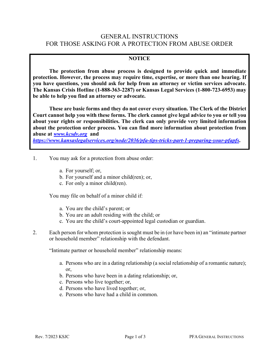 Kansas General Instructions for Seeking a Protection From Abuse Order