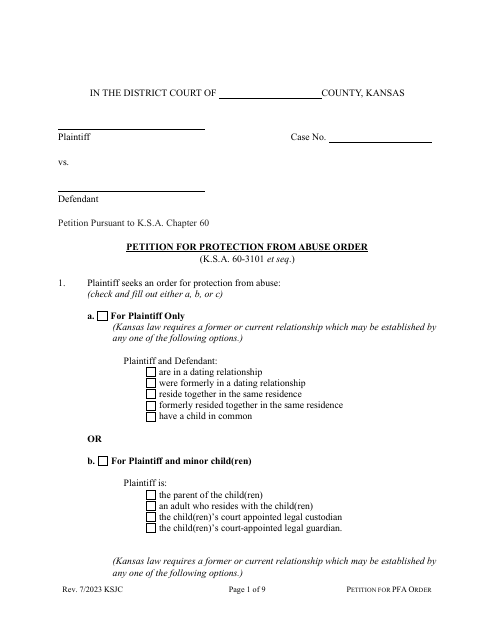 Petition for Protection From Abuse Order - Kansas Download Pdf