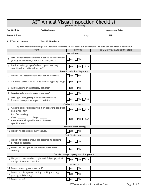 Ast Annual Visual Inspection Checklist - Utah Download Pdf