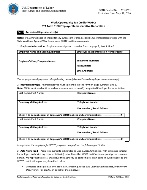 ETA Form 9198 Employer Representative Declaration - Work Opportunity Tax Credit (Wotc)