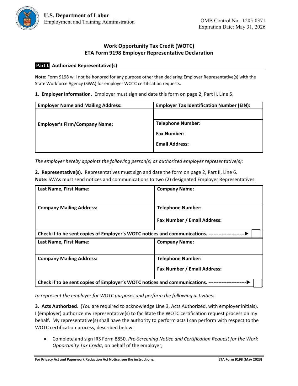 ETA Form 9198 Fill Out Sign Online And Download Fillable PDF   Eta Form 9198 Employer Representative Declaration Work Opportunity Tax Credit Wotc Print Big 