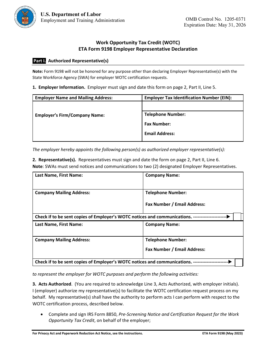 ETA Form 9198 Employer Representative Declaration - Work Opportunity Tax Credit (Wotc), Page 1
