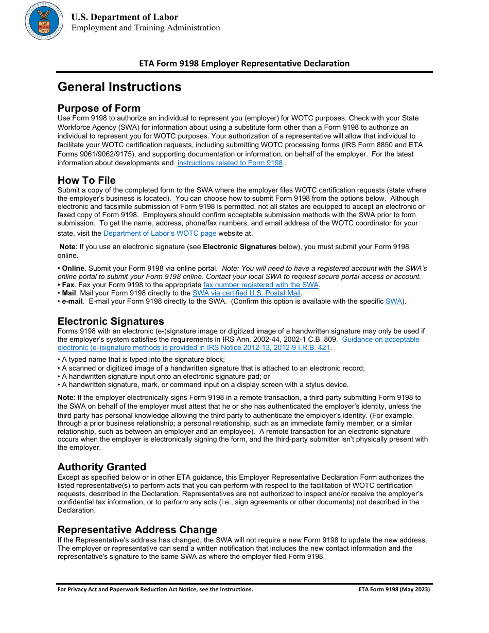 ETA Form 9198 Employer Representative Declaration - Work Opportunity Tax Credit (Wotc), Page 3