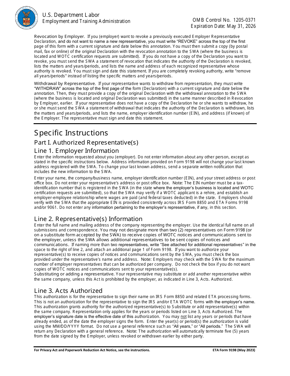 ETA Form 9198 Employer Representative Declaration - Work Opportunity Tax Credit (Wotc), Page 4