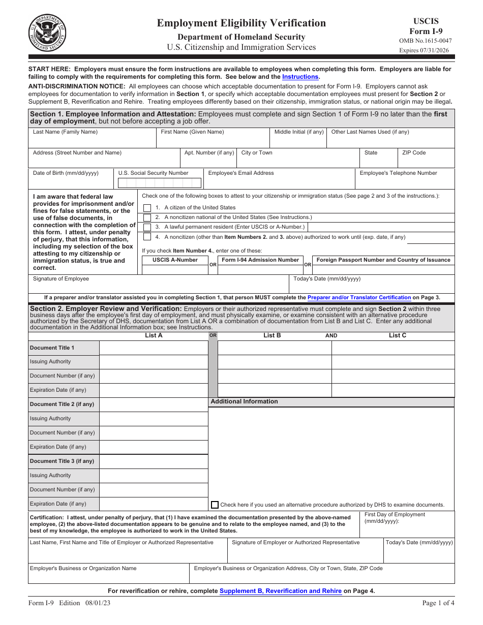 USCIS Form I9 Download Fillable PDF or Fill Online Employment