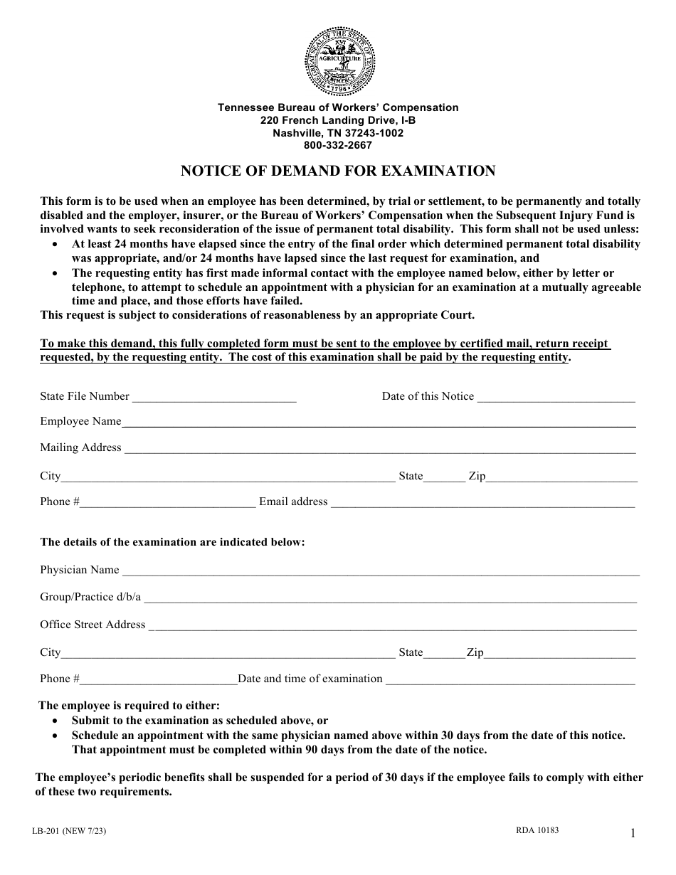 Form LB-201 Notice of Demand for Examination - Tennessee, Page 1