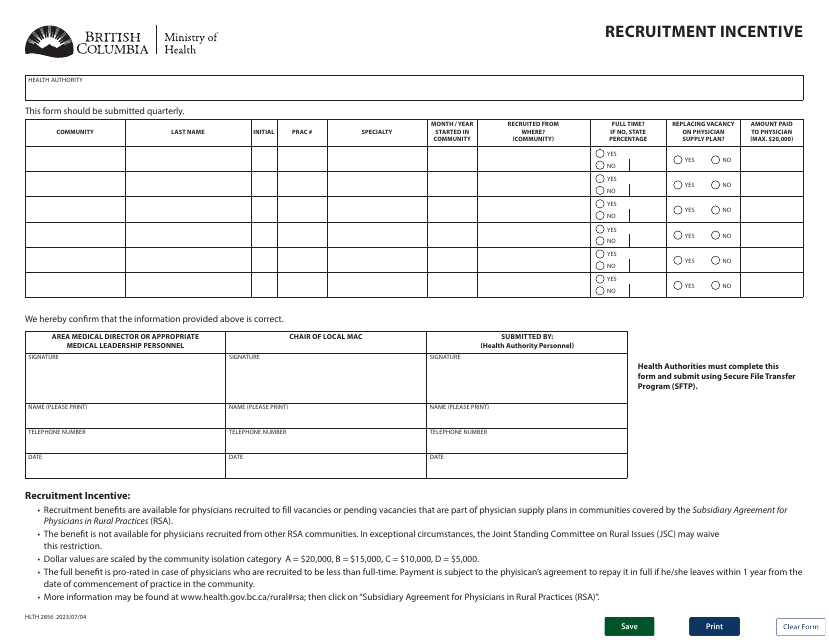 Form HLTH2856 Recruitment Incentive - British Columbia, Canada
