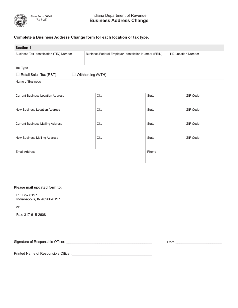 State Form 56842 Business Address Change - Indiana, Page 1