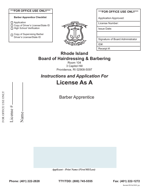 Barber Apprentice License Application - Rhode Island Download Pdf