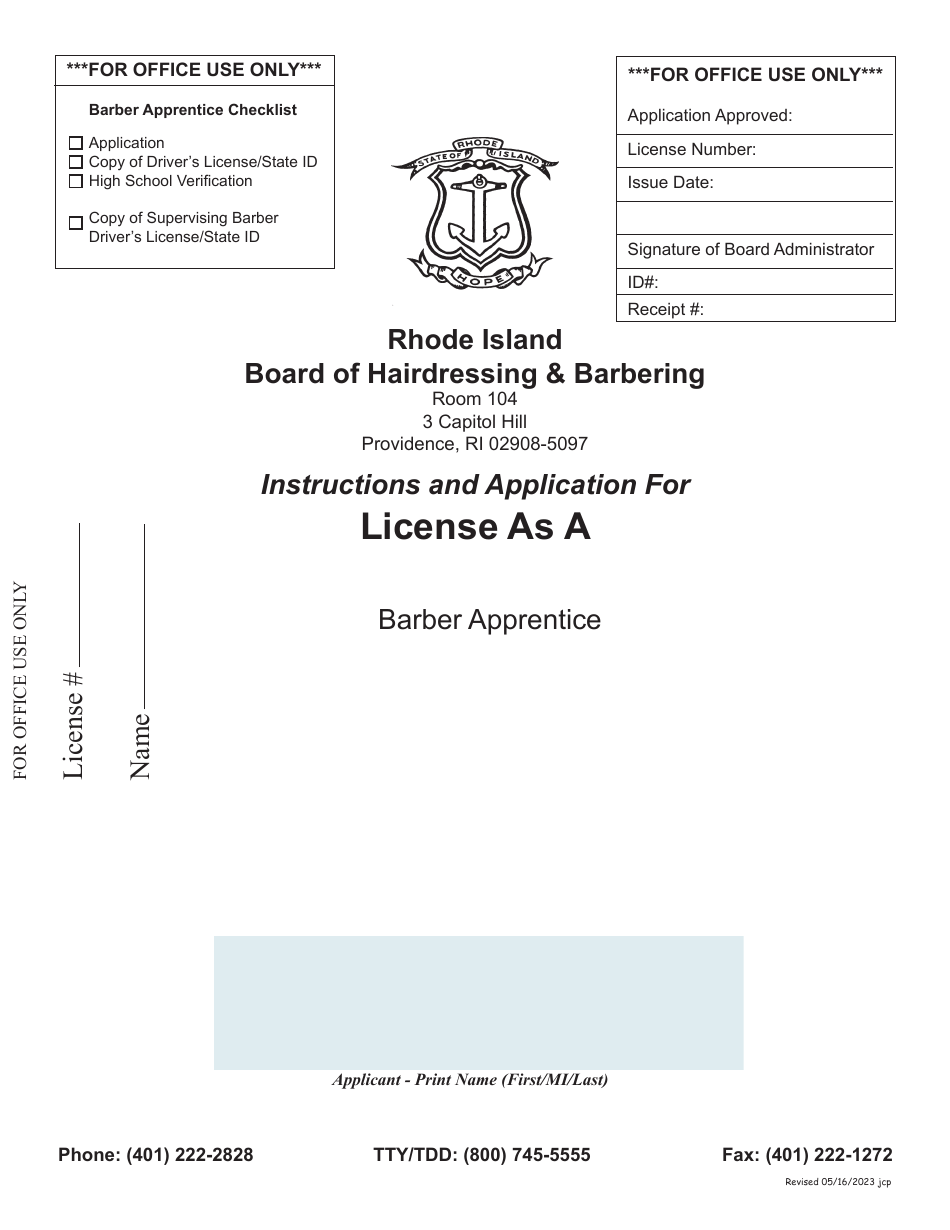 Barber Apprentice License Application - Rhode Island, Page 1