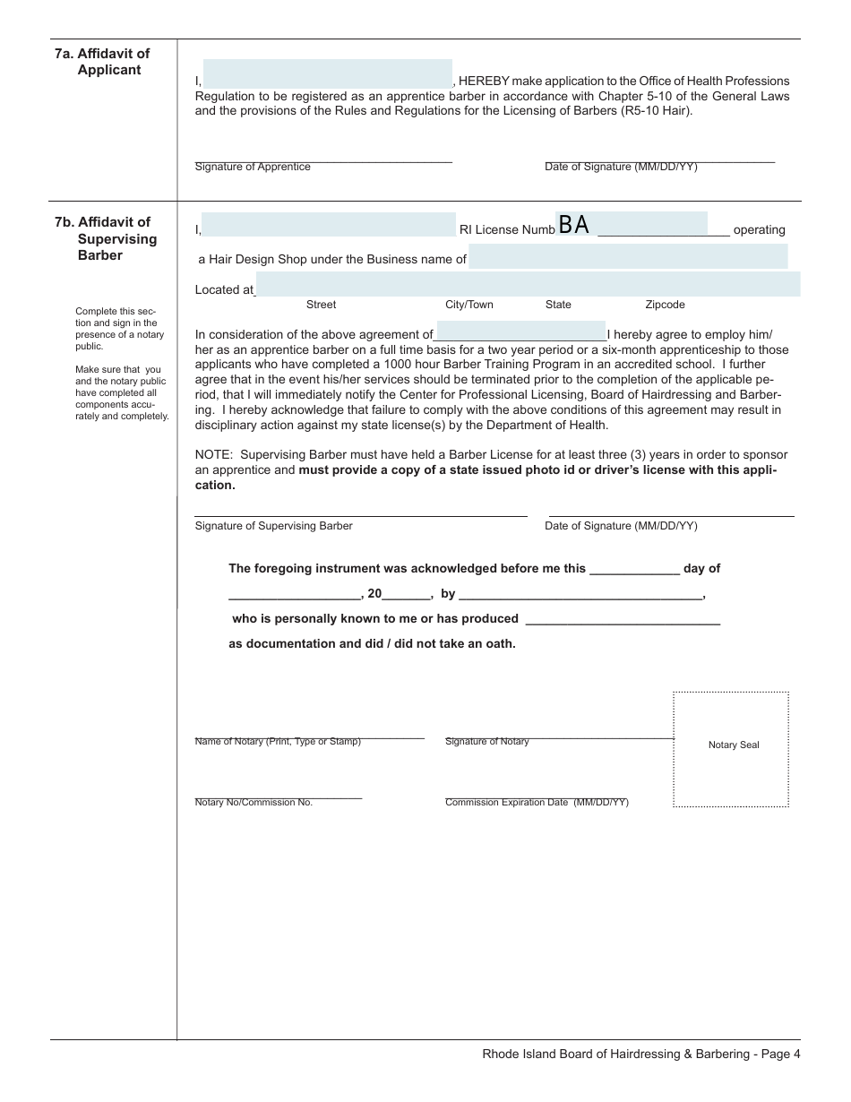 Barber Apprentice License Application - Rhode Island, Page 4