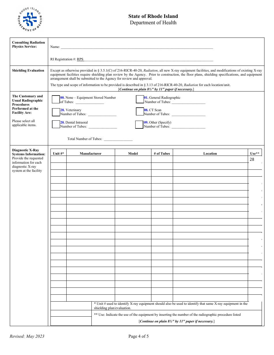 Application for Registration for Veterinary Diagnostic X-Ray Equipment Facility - Rhode Island, Page 4