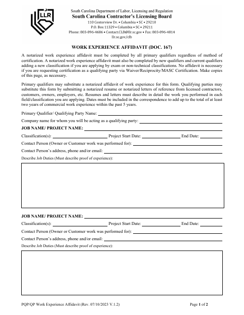 Form DOC.167 Work Experience Affidavit - South Carolina