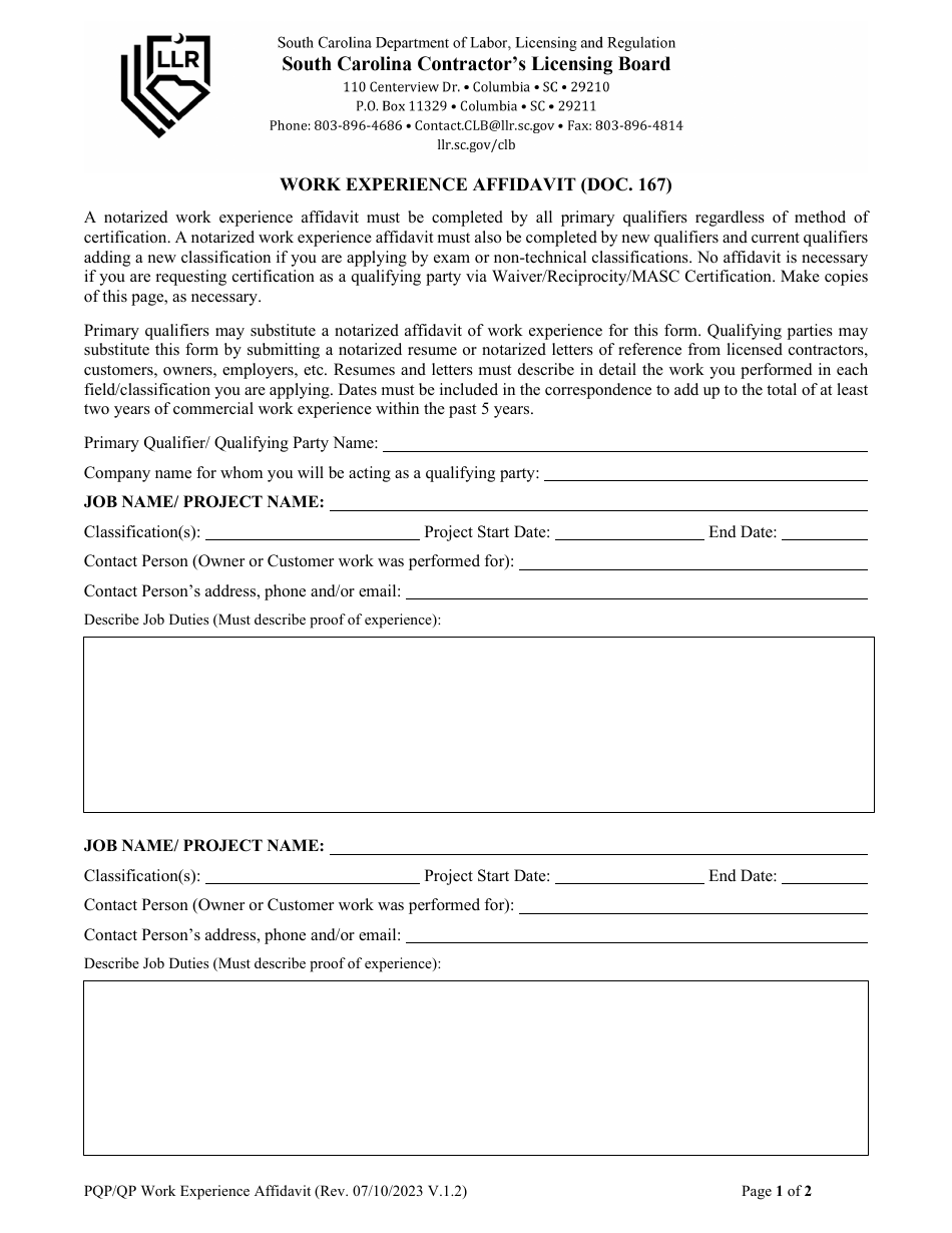 Form DOC.167 Work Experience Affidavit - South Carolina, Page 1