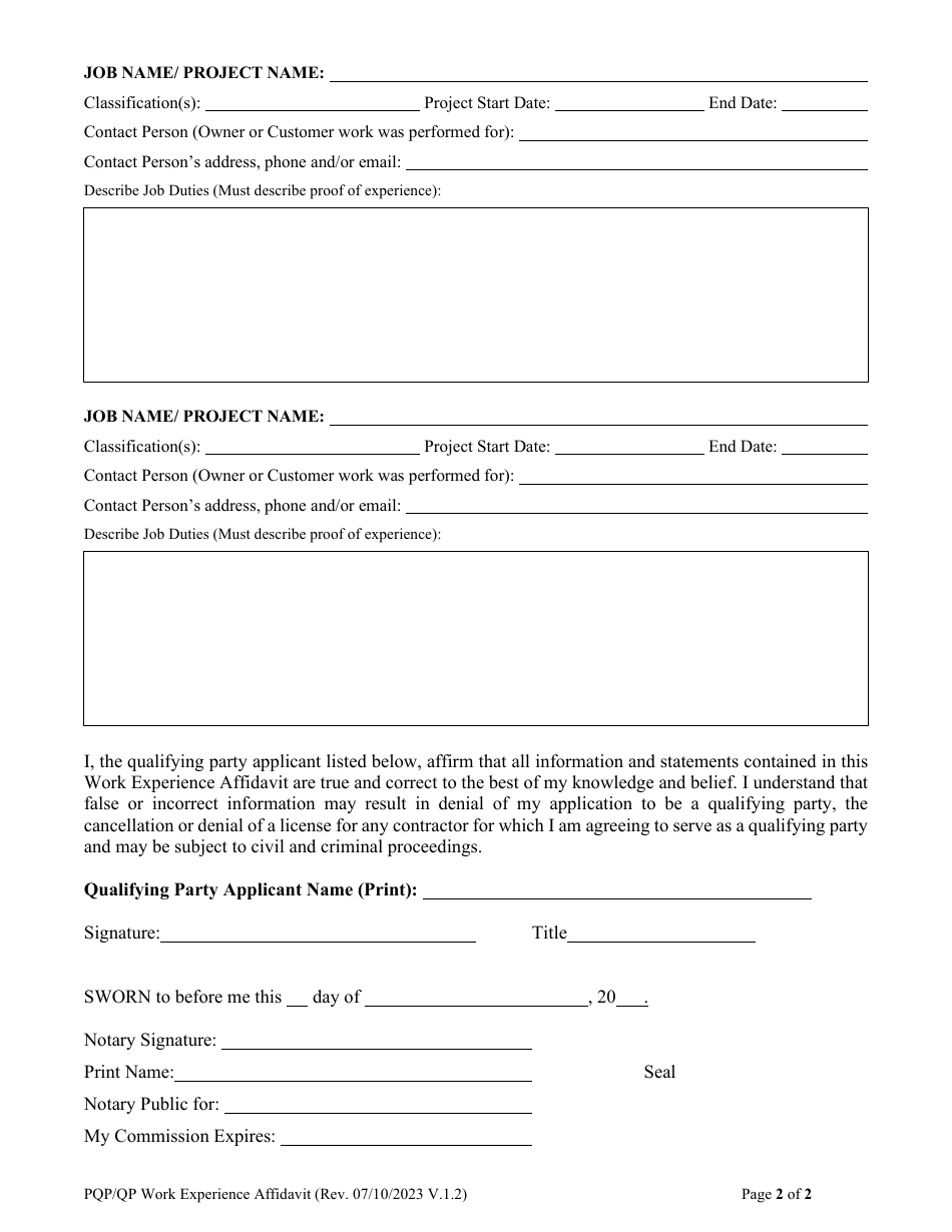 Form DOC.167 Work Experience Affidavit - South Carolina, Page 2