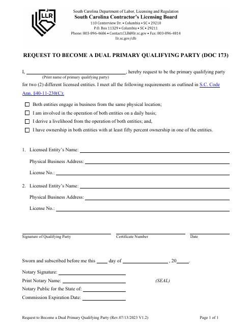 Form 173 Request to Become a Dual Primary Qualifying Party - South Carolina
