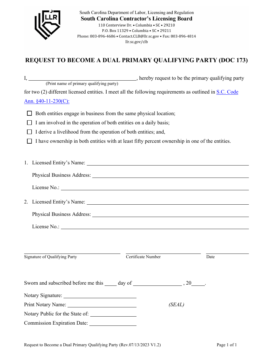 Form 173 Request to Become a Dual Primary Qualifying Party - South Carolina, Page 1
