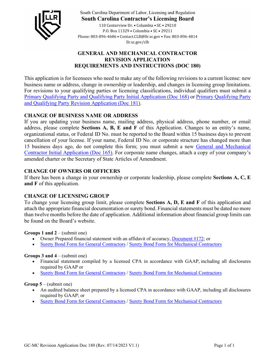 Form DOC.180 General and Mechanical Contractor Revision Application - South Carolina, Page 1