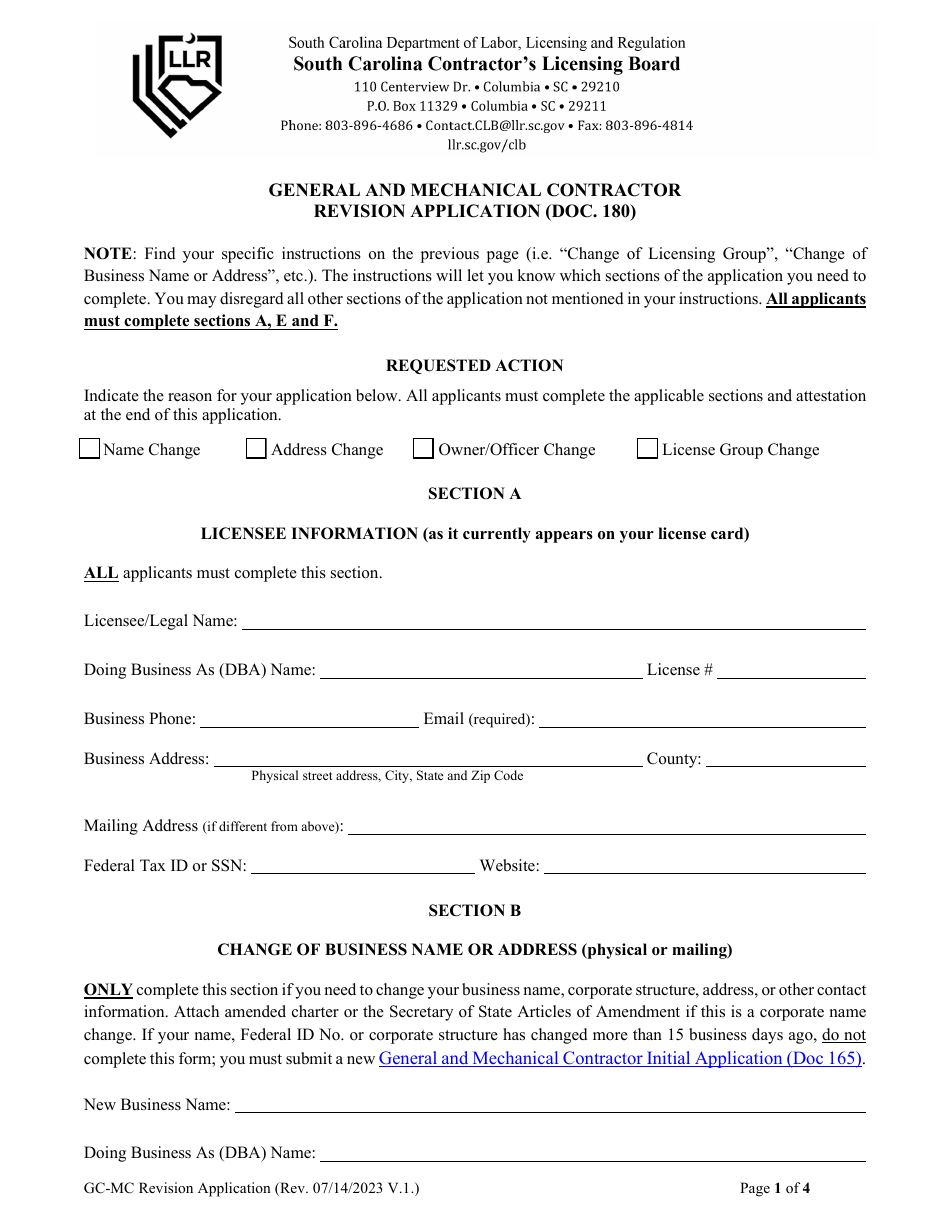 Form DOC.180 General and Mechanical Contractor Revision Application - South Carolina, Page 2