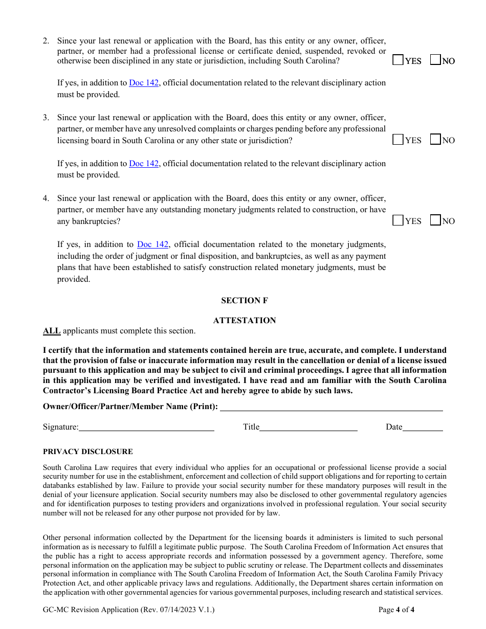 Form DOC.180 General and Mechanical Contractor Revision Application - South Carolina, Page 5