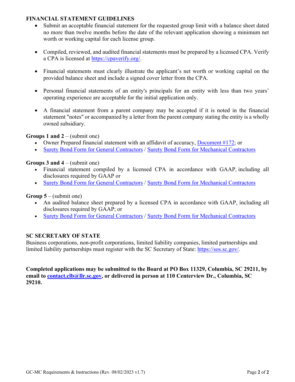 Form DOC165 General and Mechanical Contractor Application for Licensure - South Carolina, Page 2