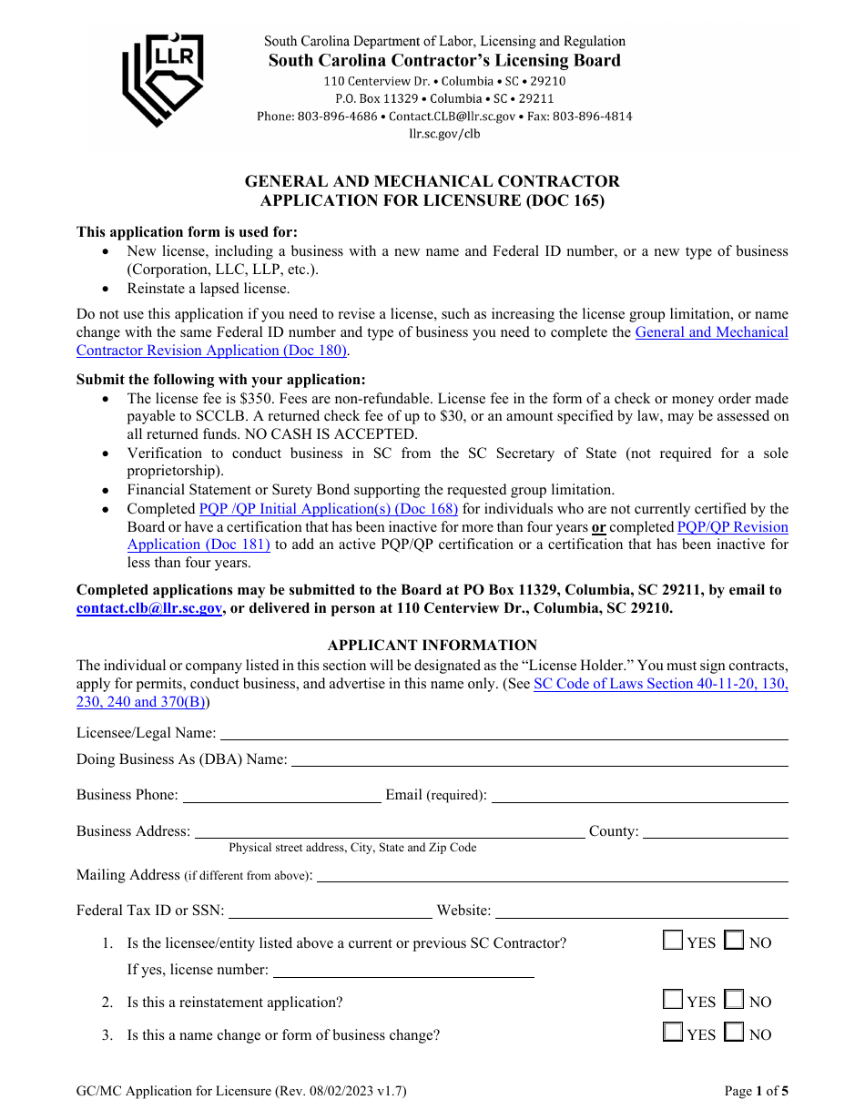 Form DOC165 General and Mechanical Contractor Application for Licensure - South Carolina, Page 3