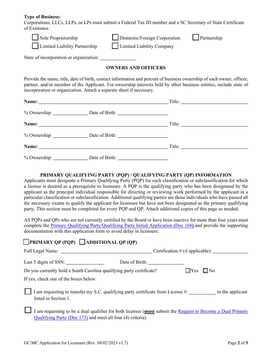 Form DOC165 General and Mechanical Contractor Application for Licensure - South Carolina, Page 4