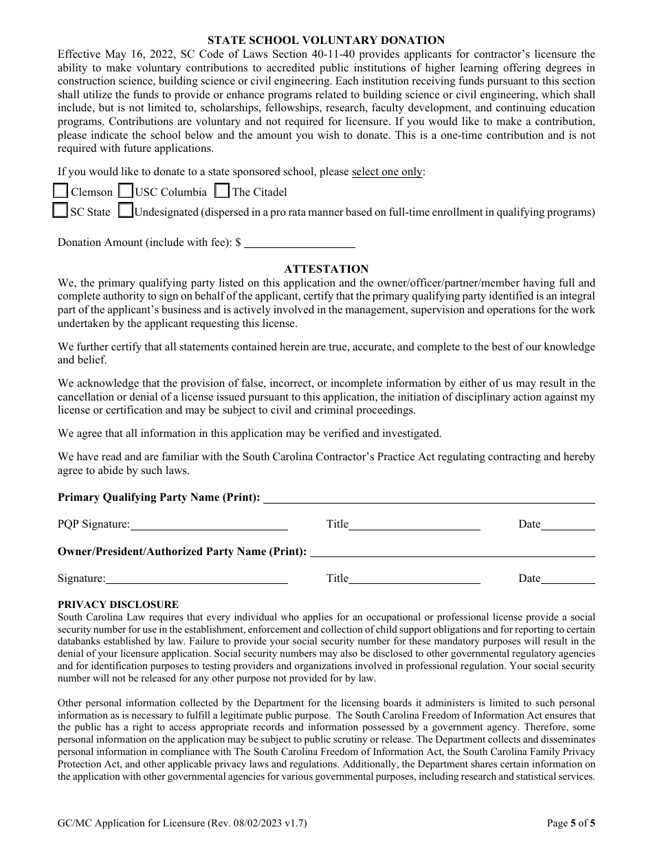 Form DOC165 General and Mechanical Contractor Application for Licensure - South Carolina, Page 7