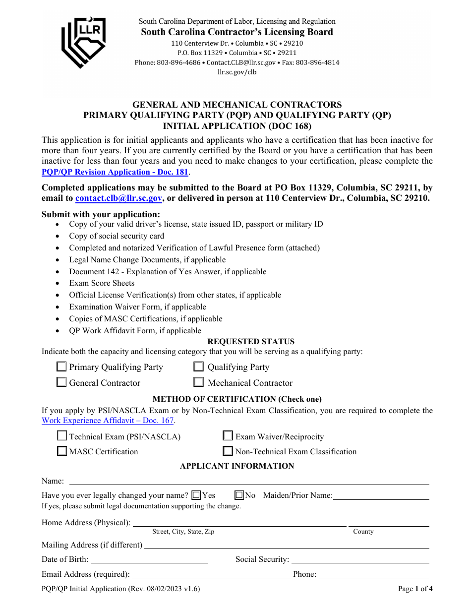 Form DOC168 General and Mechanical Contractors Primary Qualifying Party (Pqp) and Qualifying Party (Qp) Initial Application - South Carolina, Page 3