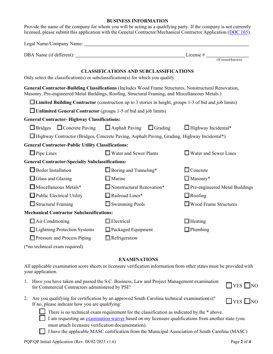 Form DOC168 General and Mechanical Contractors Primary Qualifying Party (Pqp) and Qualifying Party (Qp) Initial Application - South Carolina, Page 4