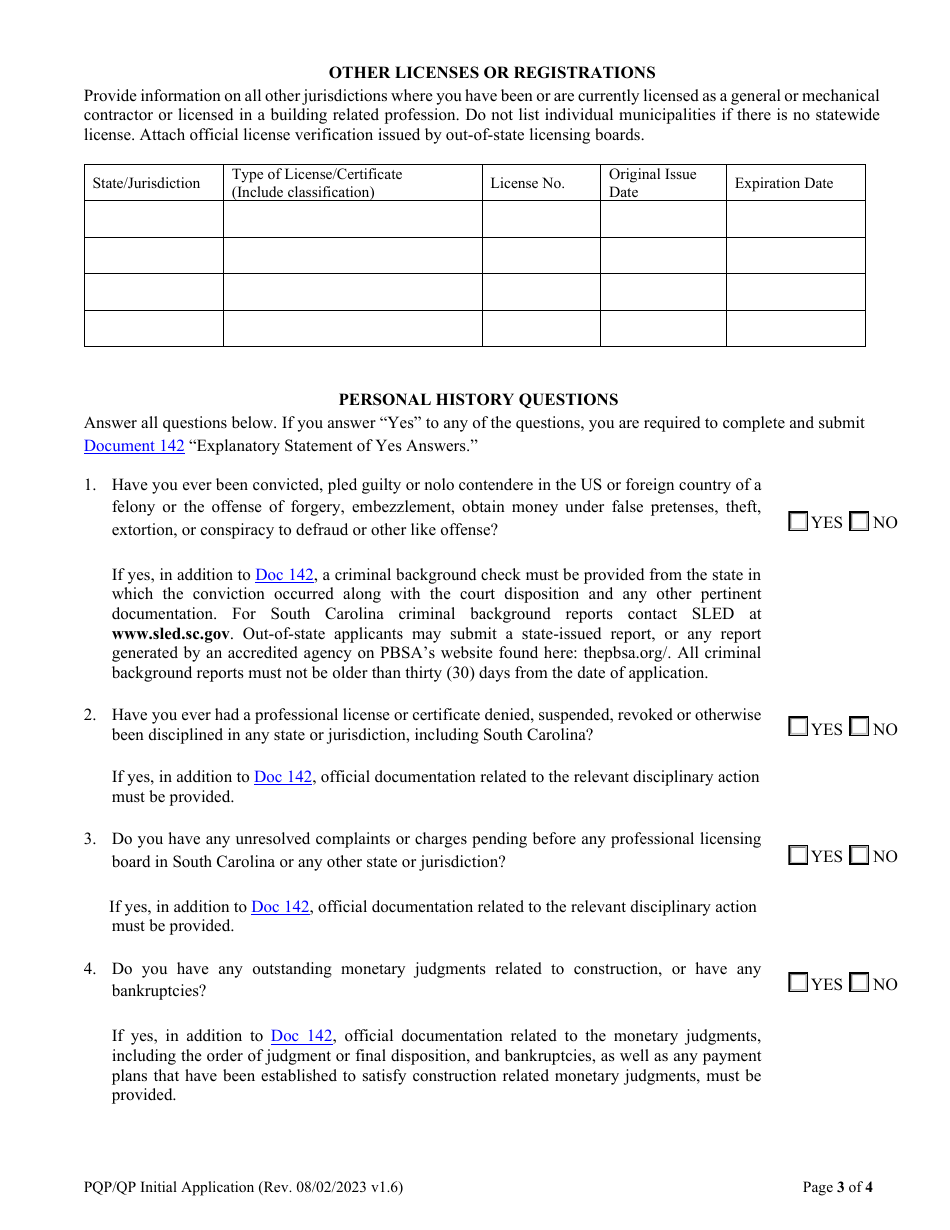 Form DOC168 General and Mechanical Contractors Primary Qualifying Party (Pqp) and Qualifying Party (Qp) Initial Application - South Carolina, Page 5
