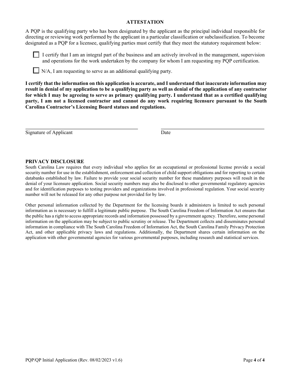Form DOC168 General and Mechanical Contractors Primary Qualifying Party (Pqp) and Qualifying Party (Qp) Initial Application - South Carolina, Page 6