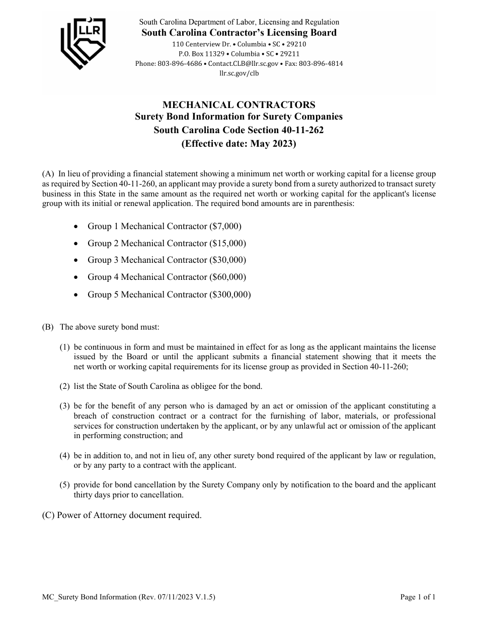 Surety Bond Form for Mechanical Contractors - South Carolina, Page 1