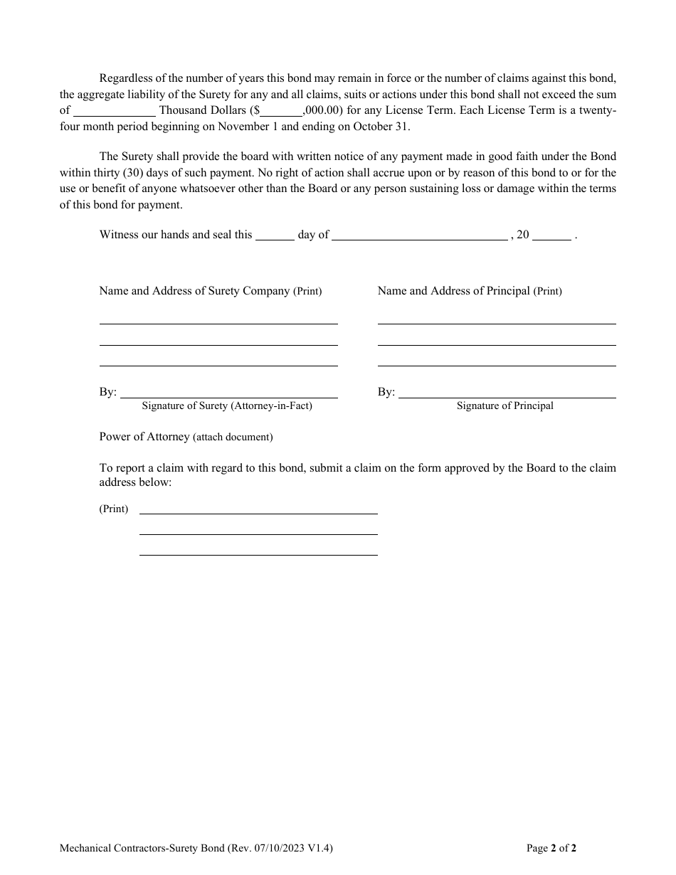 Surety Bond Form for Mechanical Contractors - South Carolina, Page 3