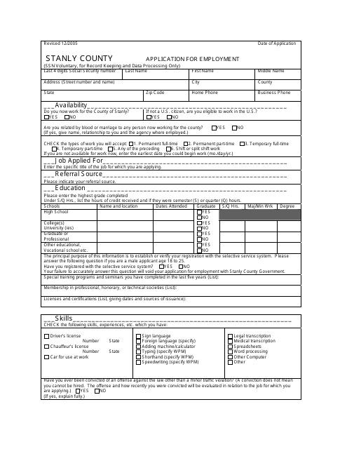 Application for Employment - Stanly County, North Carolina Download Pdf