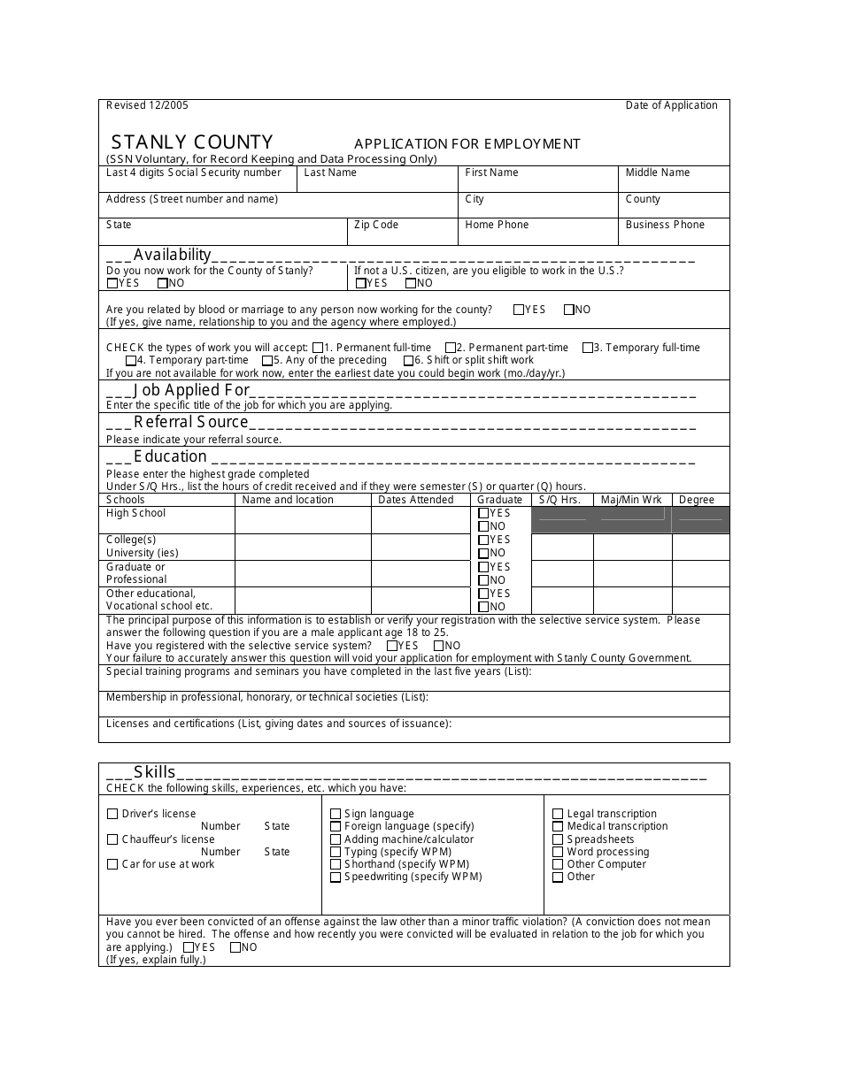 Stanly County, North Carolina Application for Employment Fill Out