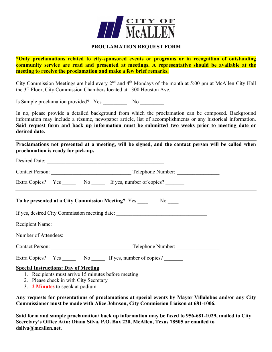 Proclamation Request Form - City of McAllen, Texas, Page 1