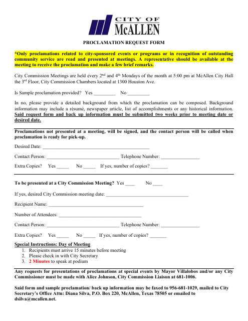 Proclamation Request Form - City of McAllen, Texas Download Pdf