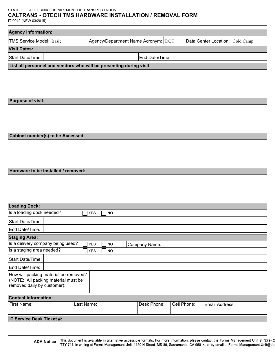 Form IT-0042 Caltrans - Otech Tms Hardware Installation / Removal Form - California, Page 1