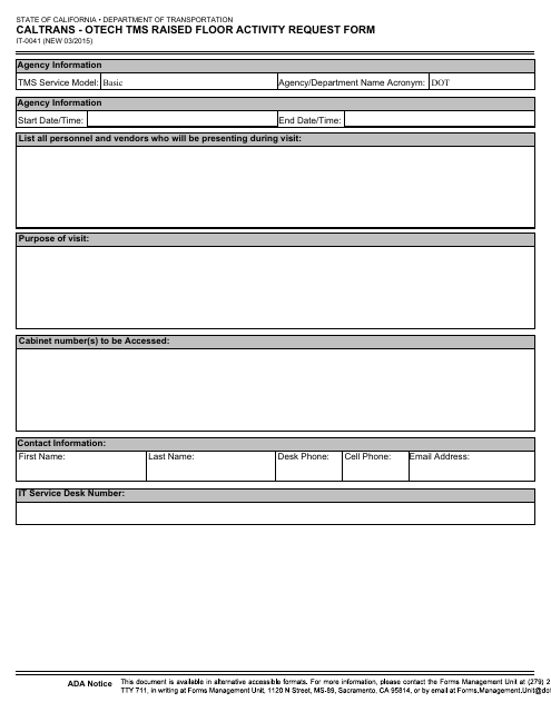 Form IT-0041 Caltrans - Otech Tms Raised Floor Activity Request Form - California