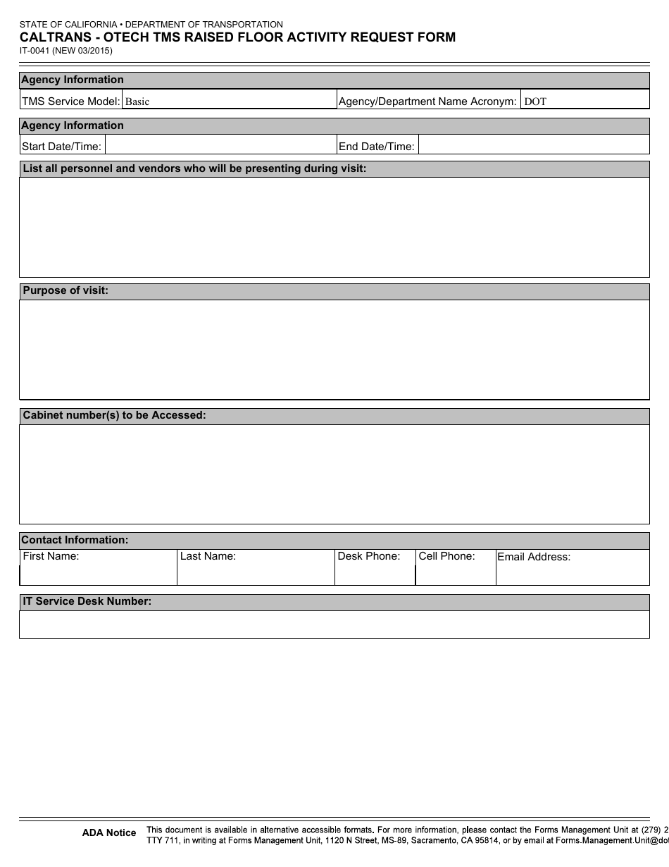 Form IT-0041 Caltrans - Otech Tms Raised Floor Activity Request Form - California, Page 1
