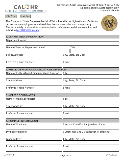 Form CALHR012 Governor's State Employee Medal of Valor Special Act/Special Service Award Nomination - California