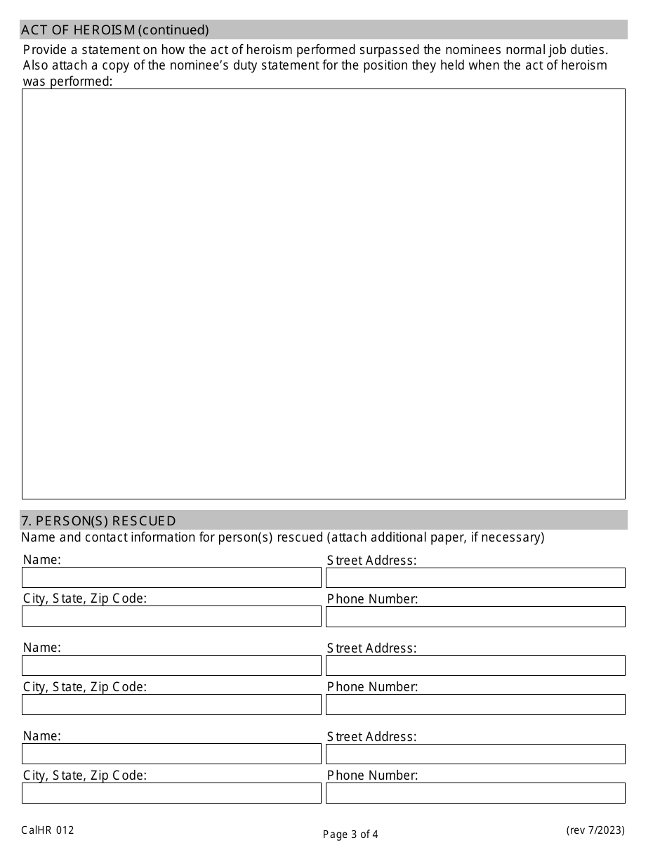 Form CALHR012 Governors State Employee Medal of Valor Special Act / Special Service Award Nomination - California, Page 3
