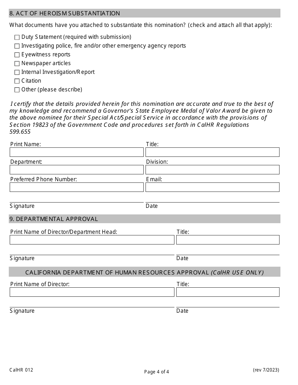 Form CALHR012 Governors State Employee Medal of Valor Special Act / Special Service Award Nomination - California, Page 4