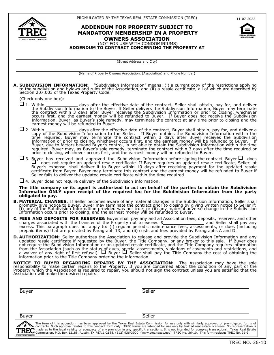 TREC Form 36-10 Addendum for Property Subject to Mandatory Membership in a Property Owners Association - Texas, Page 1