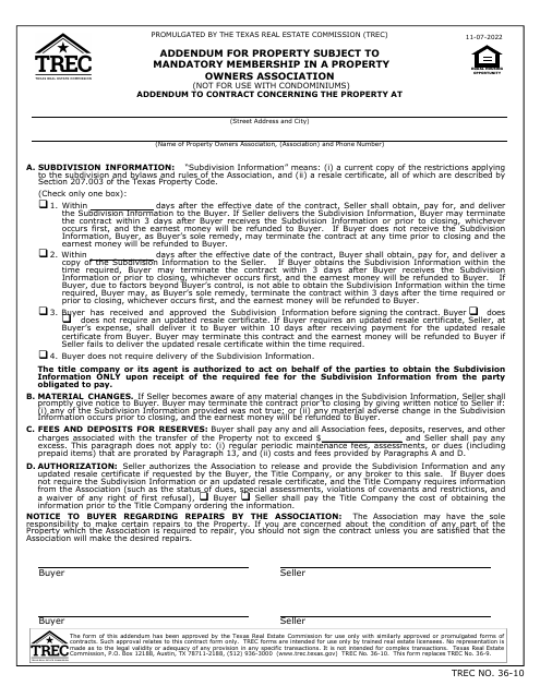 TREC Form 36-10 Addendum for Property Subject to Mandatory Membership in a Property Owners Association - Texas