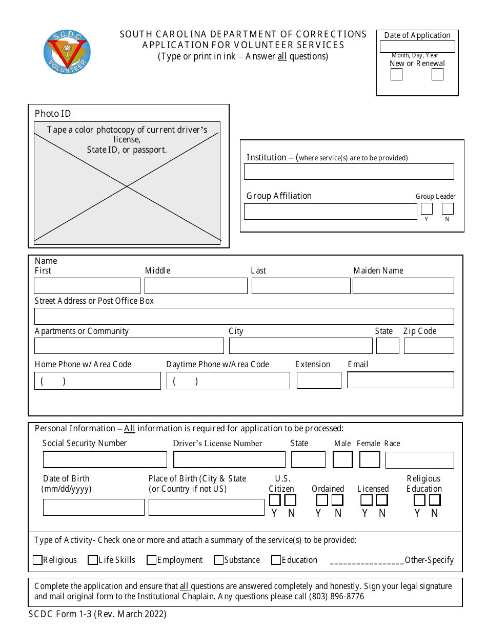 SCDC Form 1-3 Application for Volunteer Services - South Carolina, Page 1
