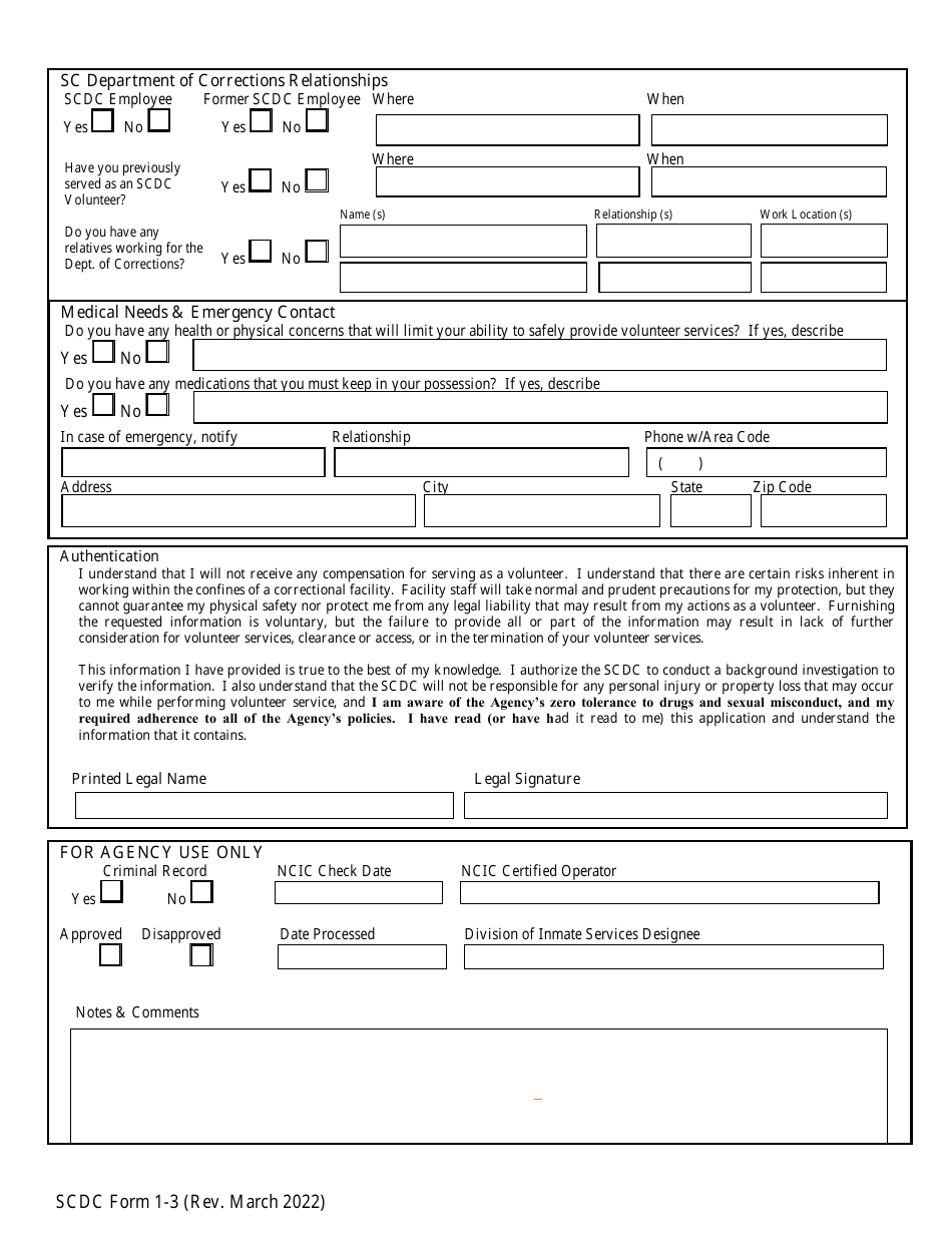 SCDC Form 1-3 Application for Volunteer Services - South Carolina, Page 3