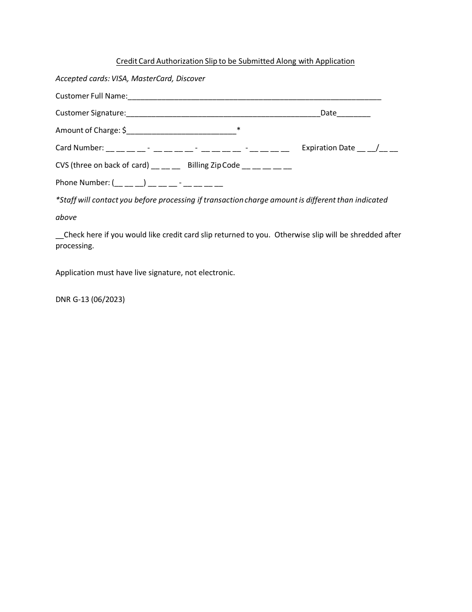 DNR Form G-13 Credit Card Authorization Slip to Be Submitted Along With Application - Maryland, Page 1