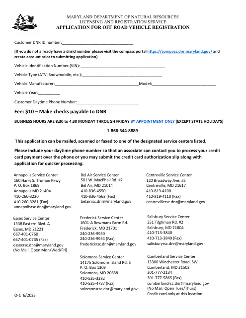 Form O-1 Application for off Road Vehicle Registration - Maryland